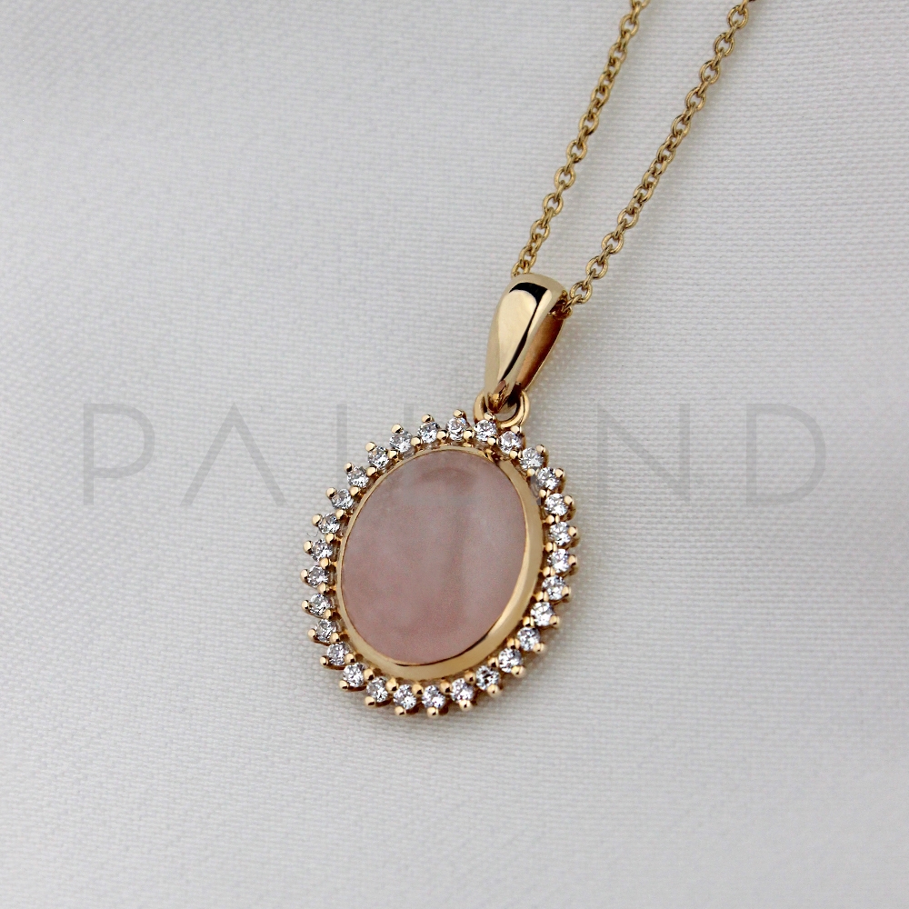 จี้ทอง 9K ประดับ ROSE QUARTZ ฝังเพชรรัสเซีย