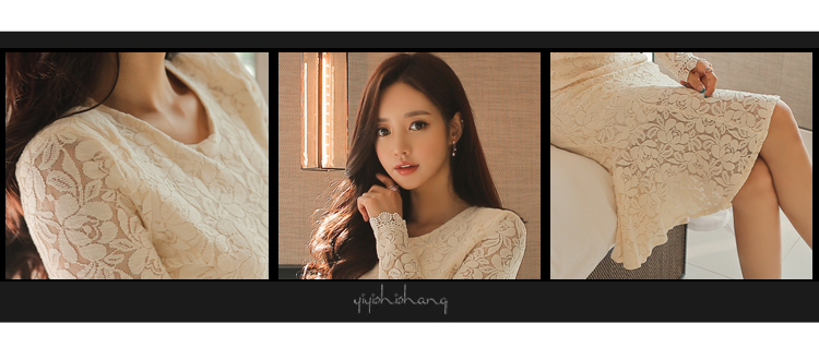 ชุดเดรสผ้าลูกไม้สีครีมอ่อนเข้ารูปทรงหางปลา คอกลม แขนยาว สวยเรียบหรู