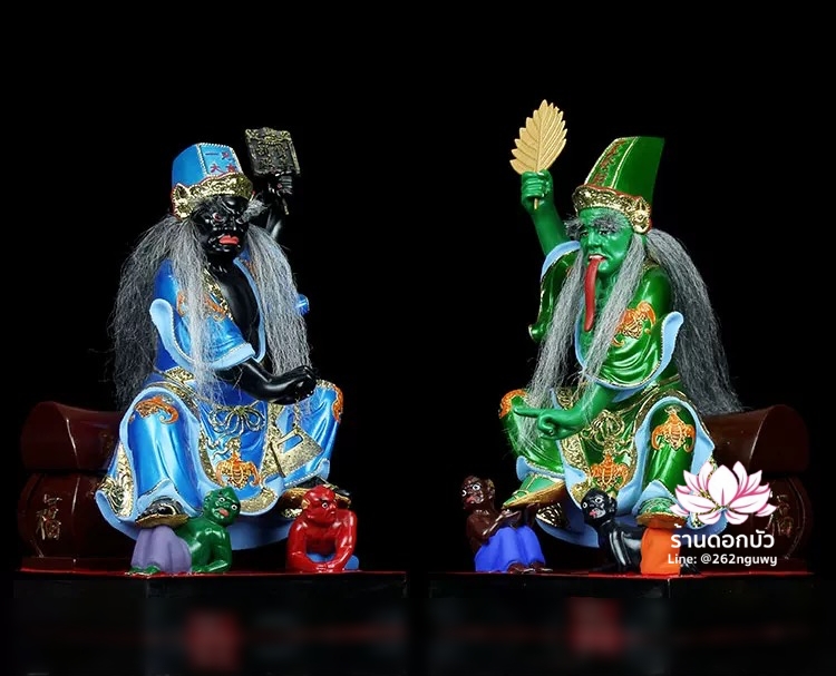 ชิดเอี๋ยโป๊ยเอี๋ย ตั่วแปะหยี่แปะ ยมฑูตขาวดำ ปางนั่งโลงจำปาเหยียบบริวาร งานเรซิ่น ขนาด 12/16/19 นิ้ว