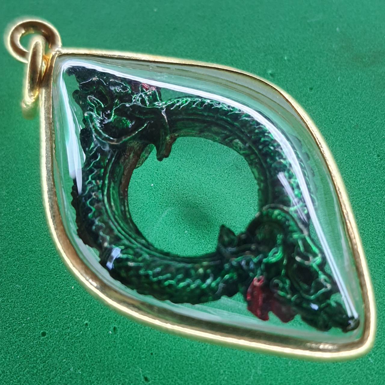 ของป้องกัน บ่วงบาศพญานาค 2เศียร สีเขียวเข้ม กรอบไมคอน จี้พญานาคแท้ จี้พญานาคห้อยคอ จี้พญานาคราช