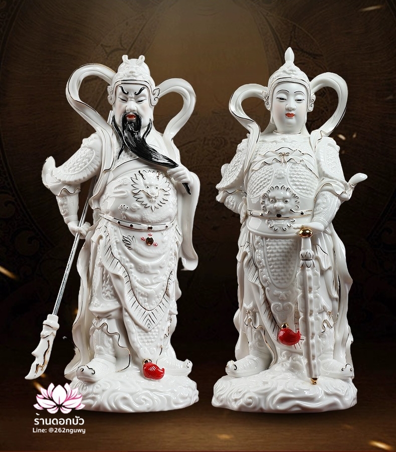 เทพเจ้ากวนอู และพระเวทโพธิสัตว์ (อุ่ยท้อผ่อสัก) ขนาด 14 นิ้ว สีขาวขลิบทอง