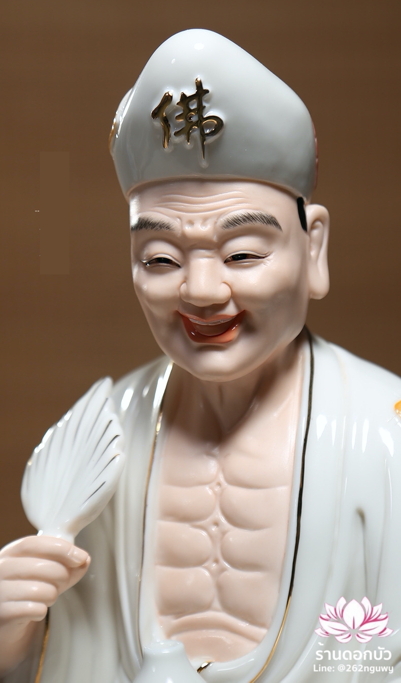 พระอรหันต์จี้กง เต้าจี้ฉานซือ งานกระเบื้องฮกเกี้ยน สีขาวขลิบทอง ขนาด 12/16 นิ้ว