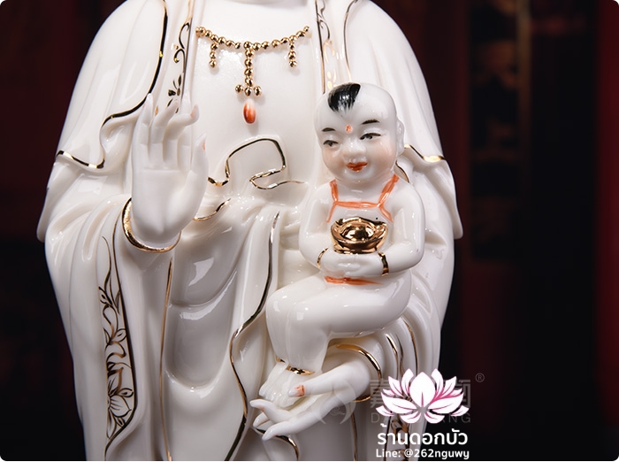 พระโพธิสัตว์กวนอิม พระแม่กวนอิมปางประทานบุตร ประทับยืนบนดอกบัว ขนาด 12 นิ้ว