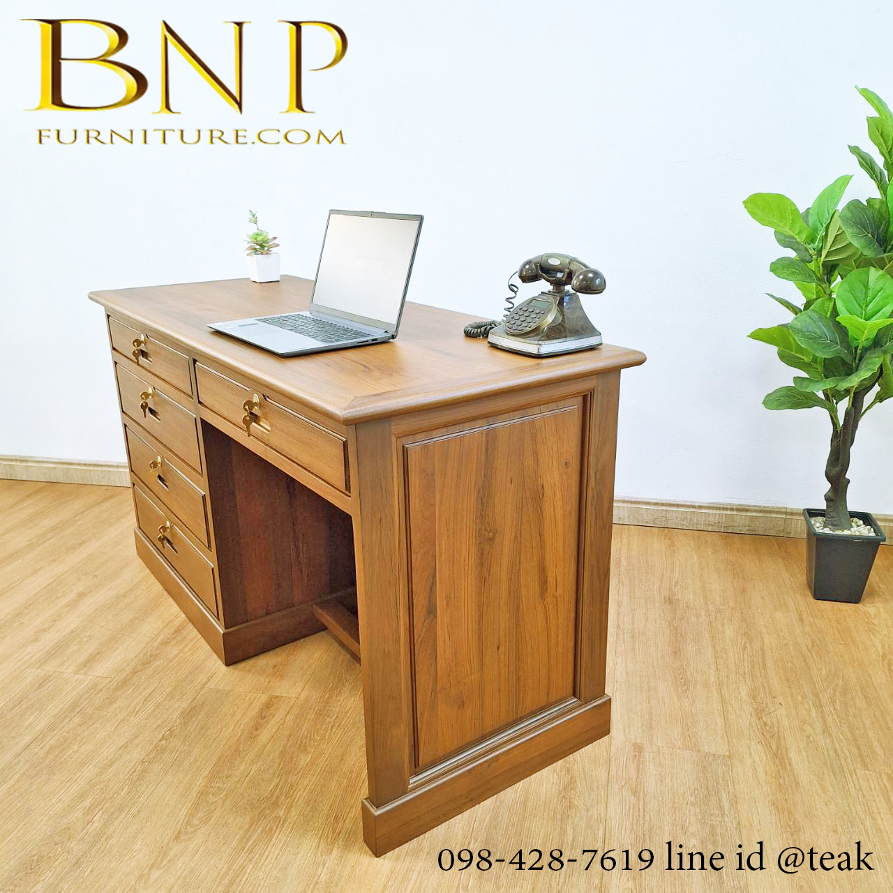 โต๊ะทำงานไม้สักแก รุ่น 4 ลิ้นชัก ซ้าย