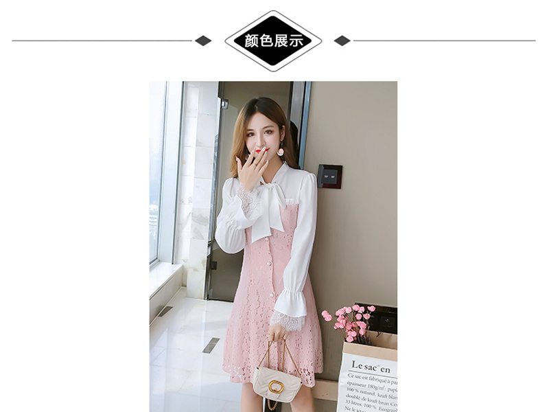 ชุดเดรสสั้นผ้าลูกไม้สีชมพูต่อผ้าโพลีเอสเตอร์สีขาวตัวเสื้อ คอผูกโบว์ แขนยาว ชุดทรงปล่อย สวยน่ารัก