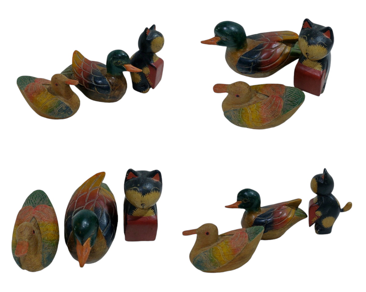 ไม้แกะสลักเล็กๆ ขายรวม3ชิ้น เป็ด2 แมว1 มือสอง ตำหนินิดหน่อย