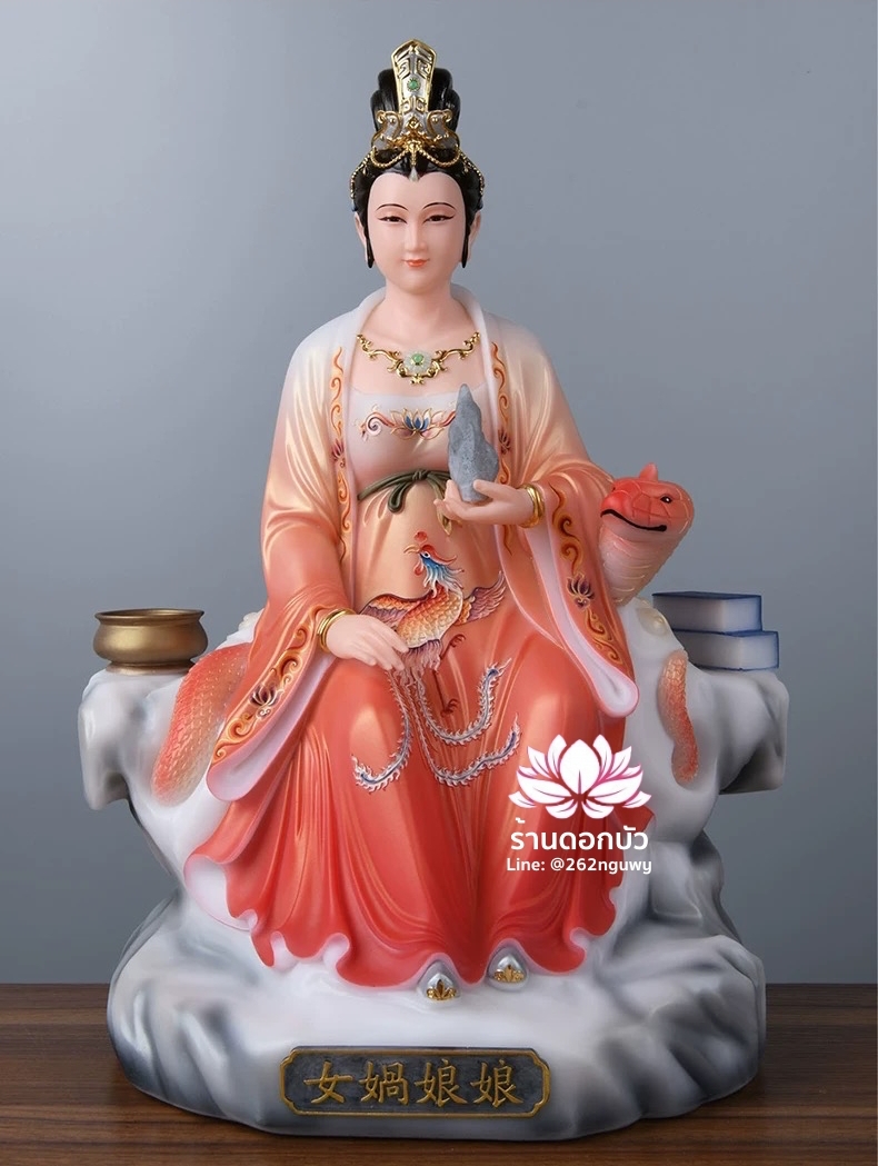 พระแม่หนี่วา เจ้าแม่หนี่วา เทพมารดาแห่งชาวจีน ปางนั่งพร้อมงูบริวาร งานหินอ่อนคุณภาพสูง ขนาด 12/16/19 นิ้ว