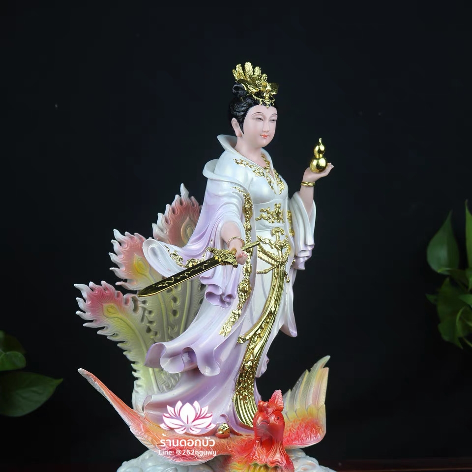 กิ่วเที้ยนเฮี่ยนลื้อ กิวเทียงเหี่ยงนึ่ง จิ่วเทียนเสวียนนี่ ปางยืนบนหงส์บริวาร งานหินอ่อน ขนาด 12/16/19 นิ้ว