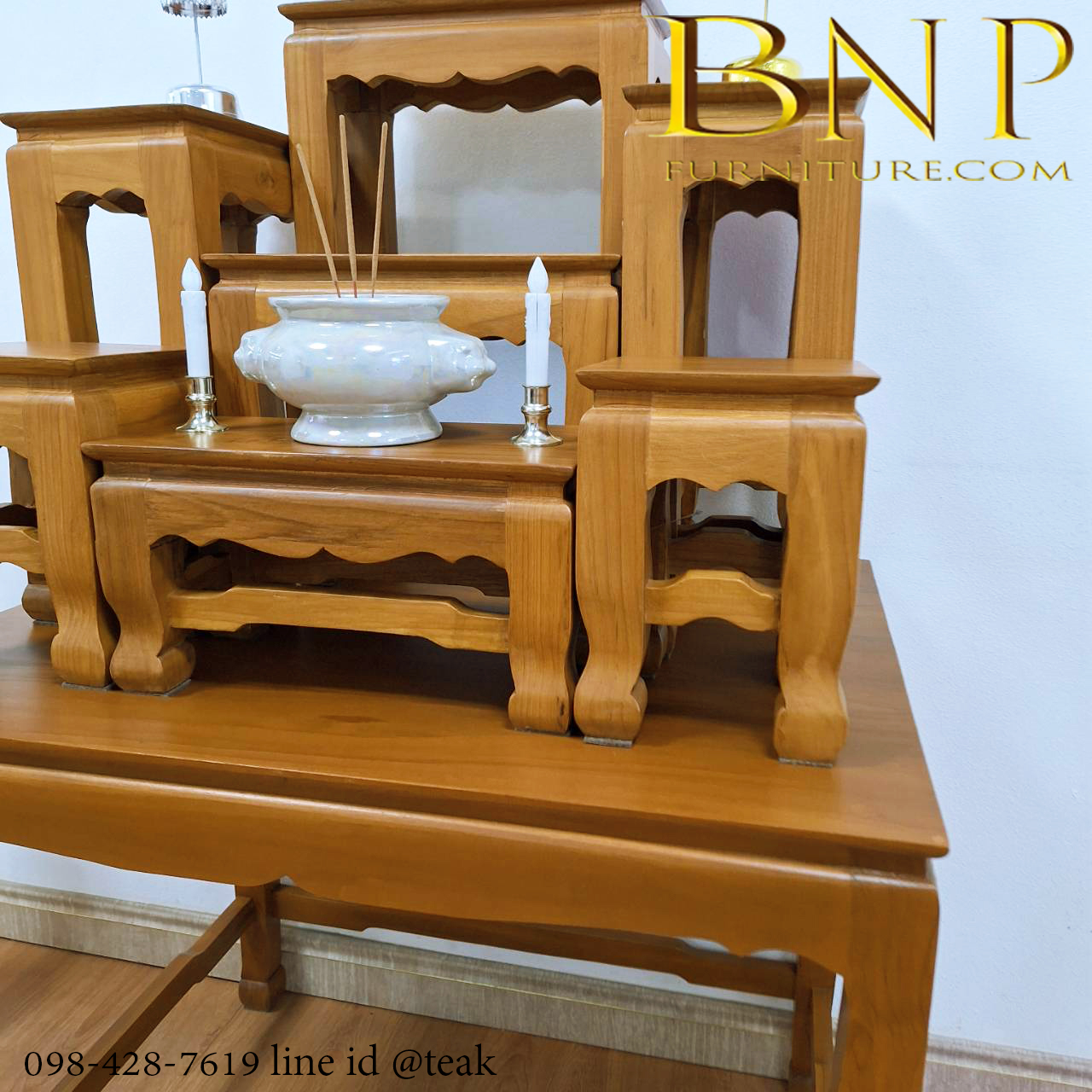 โต๊ะหมู่บูชาไม้สักทอง ขาสิงห์ หมู่ 7 หน้า 7 นิ้ว ฐานสูง