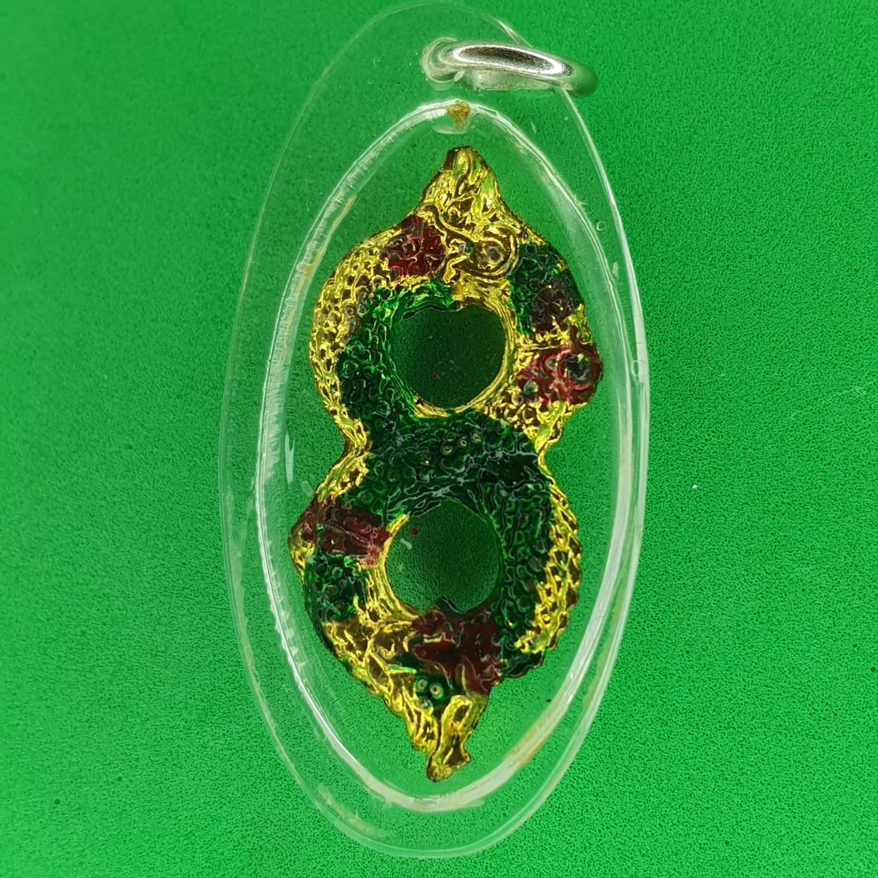 ของป้องกัน จี้นาคเกี้ยว 2เศียร 2ตัวพันกัน สีเขียวลงยา เลี่ยมกรอบ จี้พญานาคแท้ จี้พญานาคห้อยคอ จี้พญานาคราช