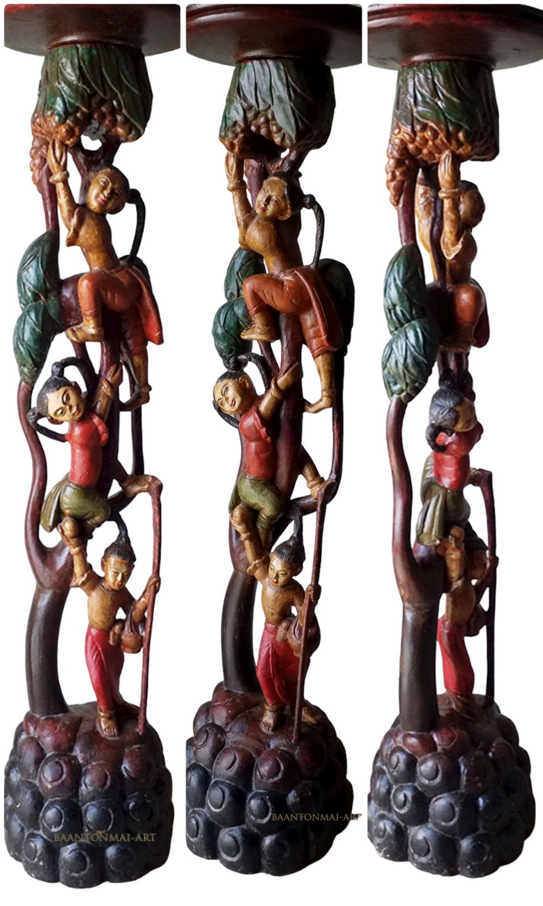 ตอไม้แกะสลัก สูง 95cm (ปิดด้วยแผ่นท๊อปกลม 24cm) งานเก่าศิลปะพม่า