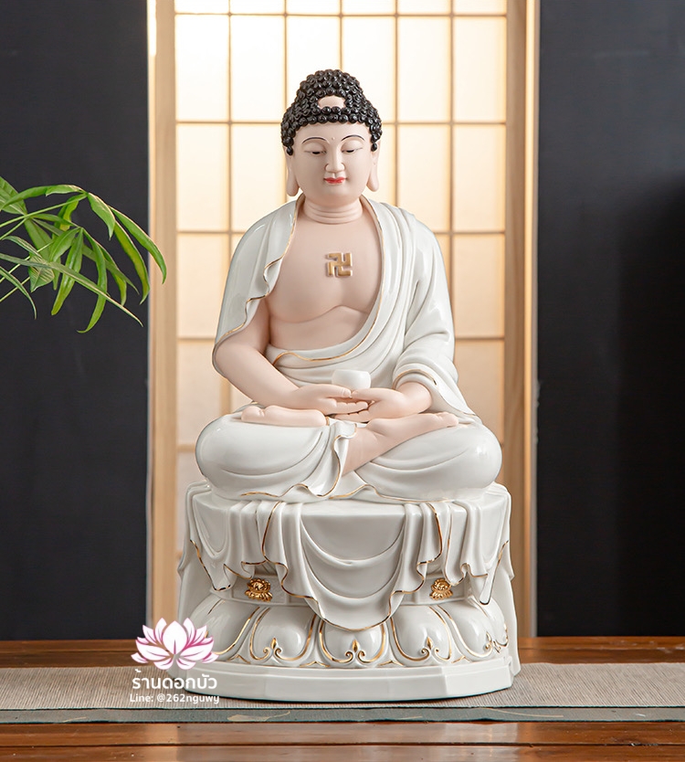 พระพุทธเจ้าและพระอัครสาวก พระมหากัสสปะและพระอานนท์ งานกระเบื้องฮกเกี้ยน สีขาวขลิบทอง