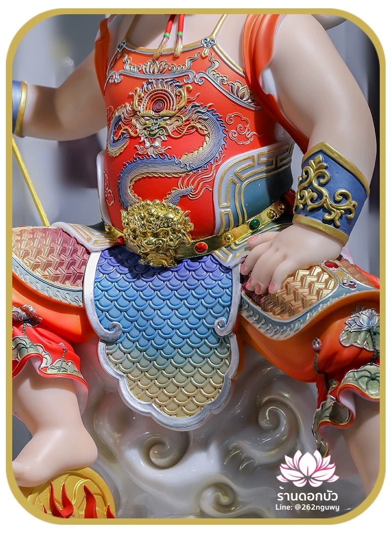 เทพเจ้านาจา หลี่โลเฉี้ย จงตั๋นหง่วนโส่ย ปางประทับนั่งบัลลังก์เมฆเหยียบวงล้อ งานหินอ่อนคุณภาพสูง ขนาด 12/16/19/26 นิ้ว