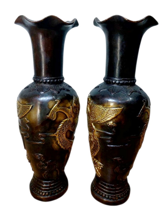 (คู่)แจกันทองเหลืองลายหงส์มังกร💥ตำหนินิด💥ลดพิเศษ