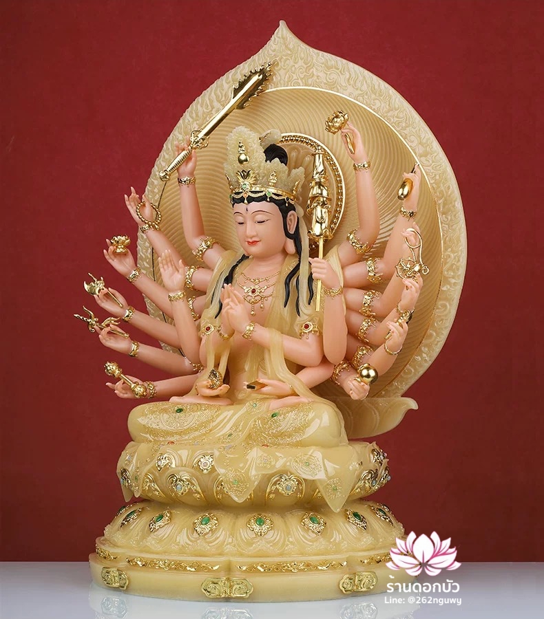 พระจุนทีโพธิสัตว์ พระโพธิสัตว์จุนทา ประทับนั่งบนดอกบัว งานหินอ่อนคุณภาพสูง ขนาด 12/16/19 นิ้ว
