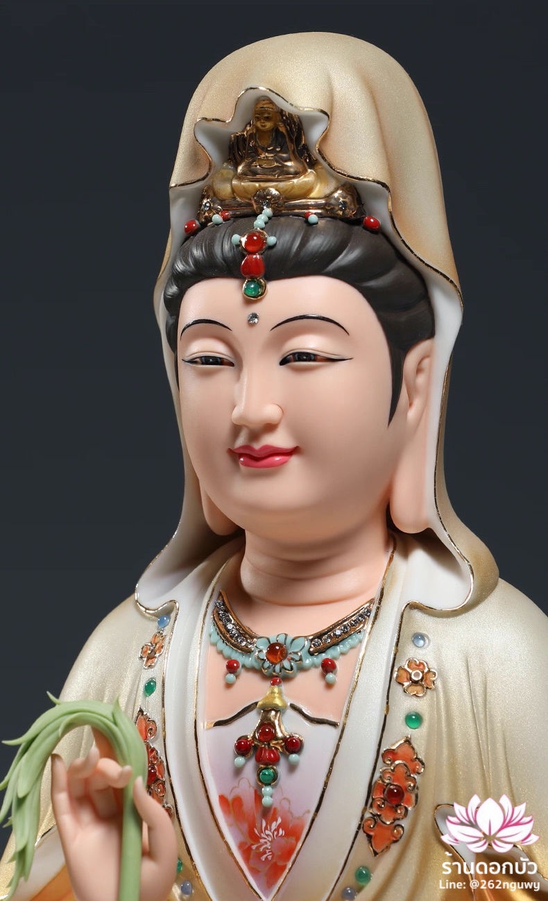 พระโพธิสัตว์กวนอิม พระแม่กวนอิมปางประทานพร นั่งดอกบัวลอยเหนือน้ำ งานกระเบื้องฮกเกี้ยนคุณภาพสูง ขนาด 12/16/18 นิ้ว