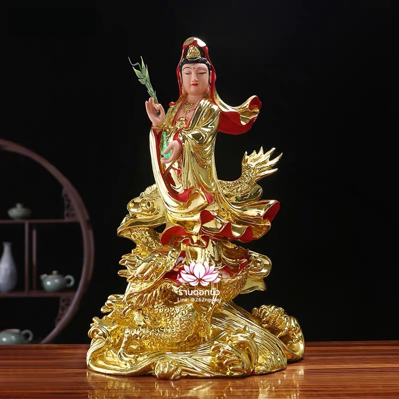 พระโพธิสัตว์กวนอิมปางเหยียบมังกร พระแม่กวนอิมยืนมังกร งานเรซิ่น สีทอง ขนาด 19 นิ้ว