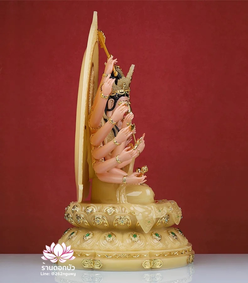 พระจุนทีโพธิสัตว์ พระโพธิสัตว์จุนทา ประทับนั่งบนดอกบัว งานหินอ่อนคุณภาพสูง ขนาด 12/16/19 นิ้ว