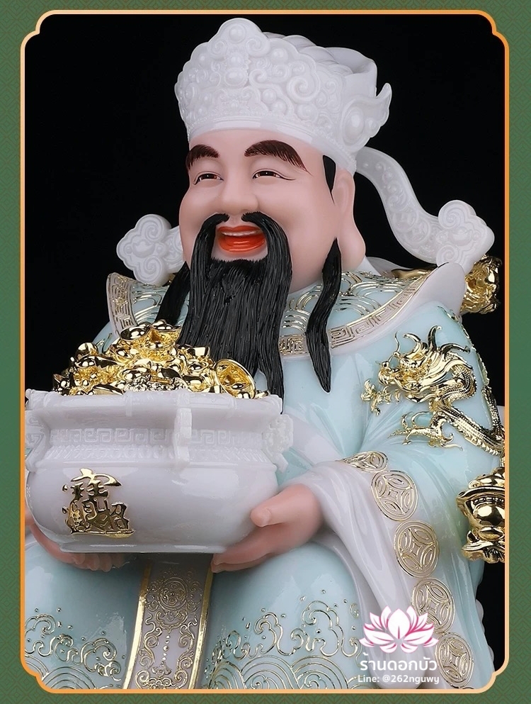 เทพเจ้าไฉ่ชิงเอี๊ย เทพเจ้าแห่งโชคลาภ ประทับนั่งบัลลังก์มังกรบนกองเงิน งานหินอ่อนคุณภาพสูง ขนาด 12/16/19/26 นิ้ว