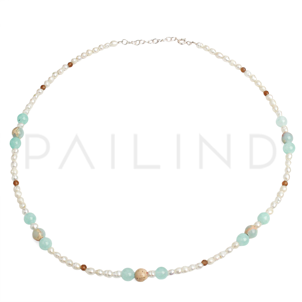 สร้อยคอเงินแท้ ประดับหิน Imperial blue,Blue sky agate และมุกน้ำจืด