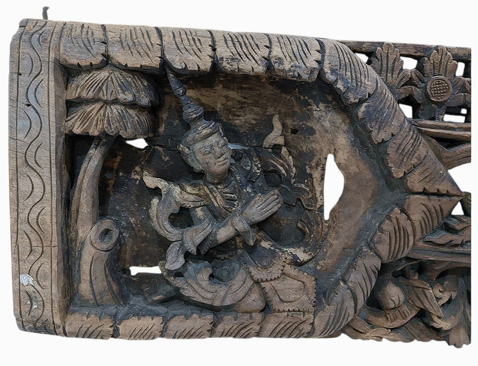 แผ่นไม้แกะสลักเก่าศิลป์พม่า -เทวดาในซุ้ม 💥ราคารับเอง!💥