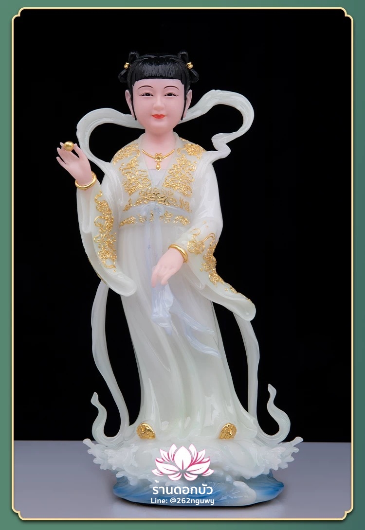 กิมท้ง-เง็กนึ่ง เซียนจ๋าย-หยกลื้อ ลูกศิษย์พระโพธิสัตว์กวนอิม ปางยืนบนใบบัว งานหินอ่อนคุณภาพสูง ขนาด 12/16 นิ้ว