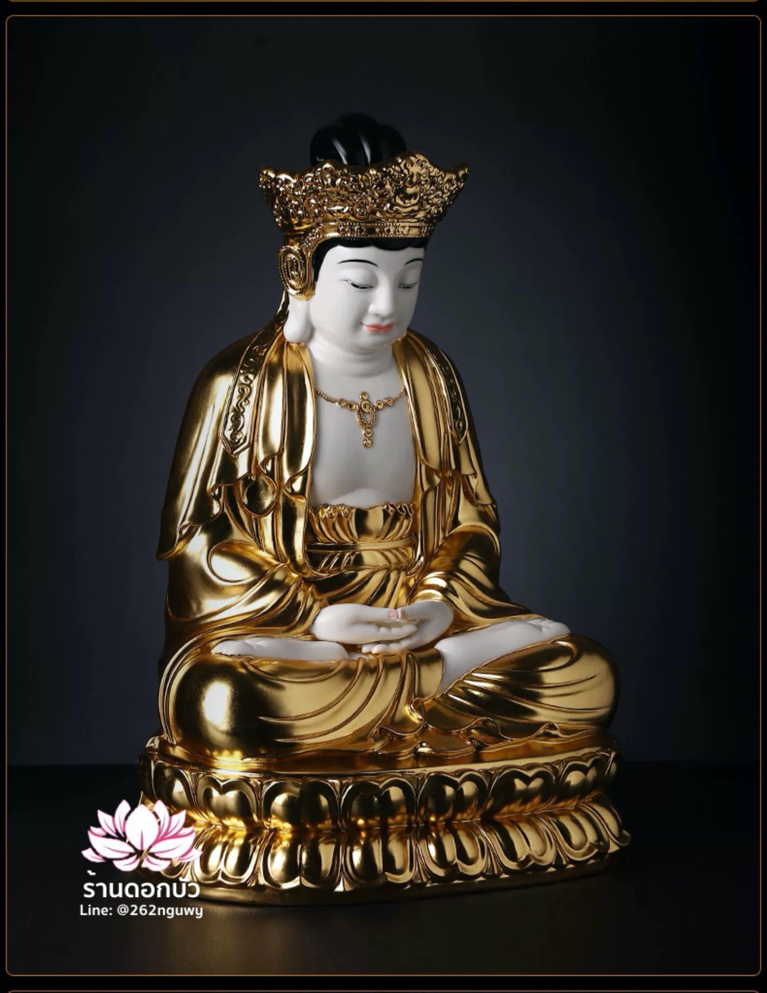 พีลูกวนอิม พระโพธิสัตว์กวนอิมปางสำเร็จธรรม ฝีมือช่างระดับอาจารย์ สีขาวปิดทอง ขนาด 18 นิ้ว