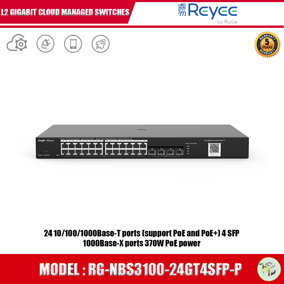 Reyee 28-port Gigabit Layer 2 Cloud Managed PoE and PoE+ Switch 370W RG-NBS3100-24GT4SFP-P