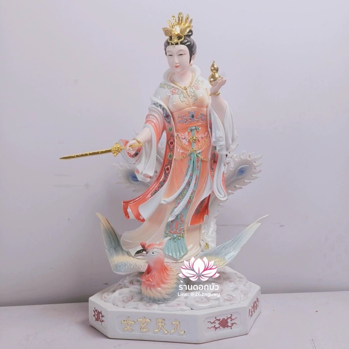 กิ่วเที้ยนเฮี่ยนลื้อ กิวเทียงเหี่ยงนึ่ง จิ่วเทียนเสวียนนี่ ปางยืนบนหงส์บริวาร งานเรซิ่นเทคนิคกระเบื้อง ขนาด 16 นิ้ว