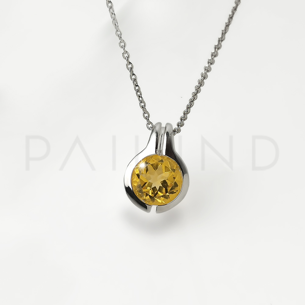 จี้เงินแท้ ดีไซน์เรียบประดับพลอย Citrine ชุบทองคำขาว