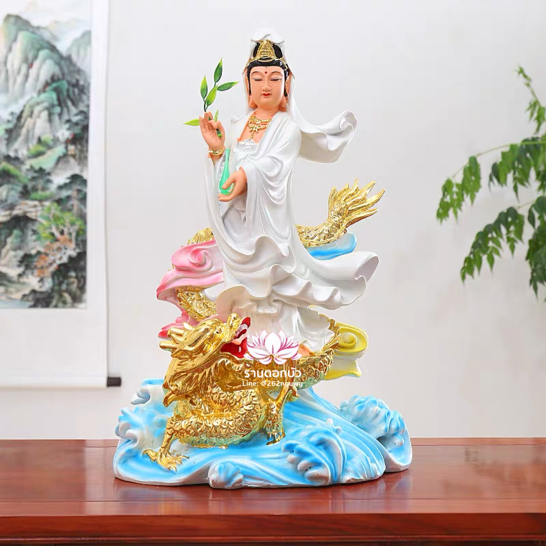 พระโพธิสัตว์กวนอิมปางเหยียบมังกร พระแม่กวนอิมยืนมังกร งานเรซิ่น ขนาด 19 นิ้ว