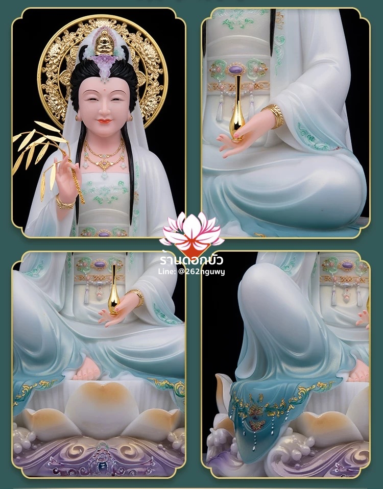 พระโพธิสัตว์กวนอิม ปางนั่งชันเข่าประทับบนดอกบัว งานหินอ่อนคุณภาพสูง ขนาด 12/16/19/26 นิ้ว