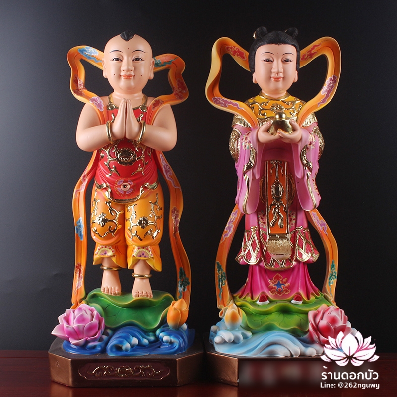 องค์พระเซียนจ๋าย-หยกลื้อ ลูกศิษย์พระโพธิสัตว์กวนอิม ปางยืนบนใบบัว งานเรซิ่น ขนาด 16/19 นิ้ว