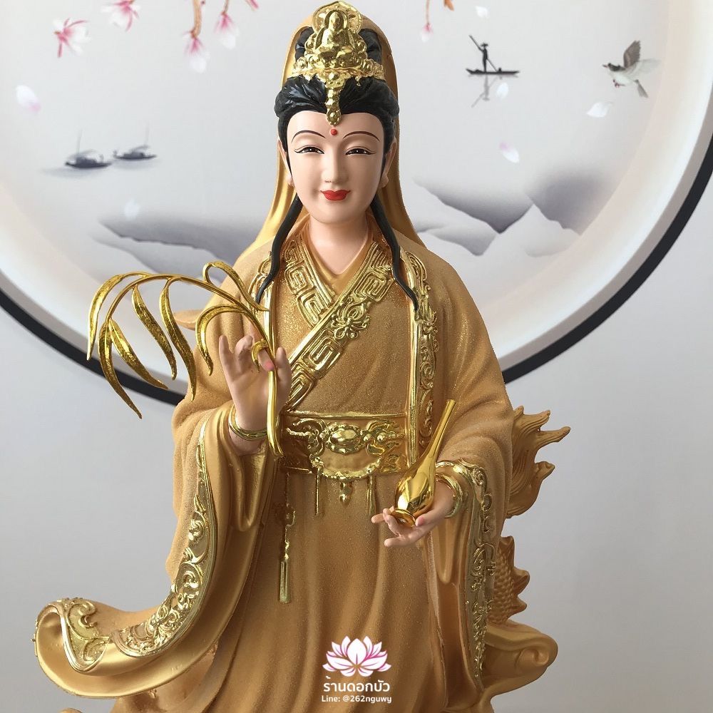 พระโพธิสัตว์กวนอิมปางเหยียบมังกร พระแม่กวนอิมยืนมังกร สีทองพ่นเนื้อทราย ขนาด 16/19 นิ้ว