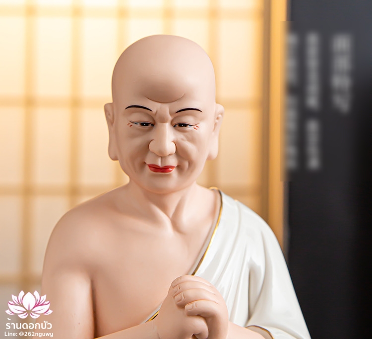 พระพุทธเจ้าและพระอัครสาวก พระมหากัสสปะและพระอานนท์ งานกระเบื้องฮกเกี้ยน สีขาวขลิบทอง