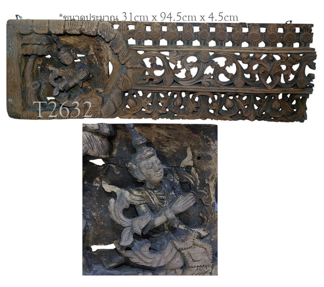 แผ่นไม้แกะสลักเก่าศิลป์พม่า -เทวดาในซุ้ม 💥ราคารับเอง!💥