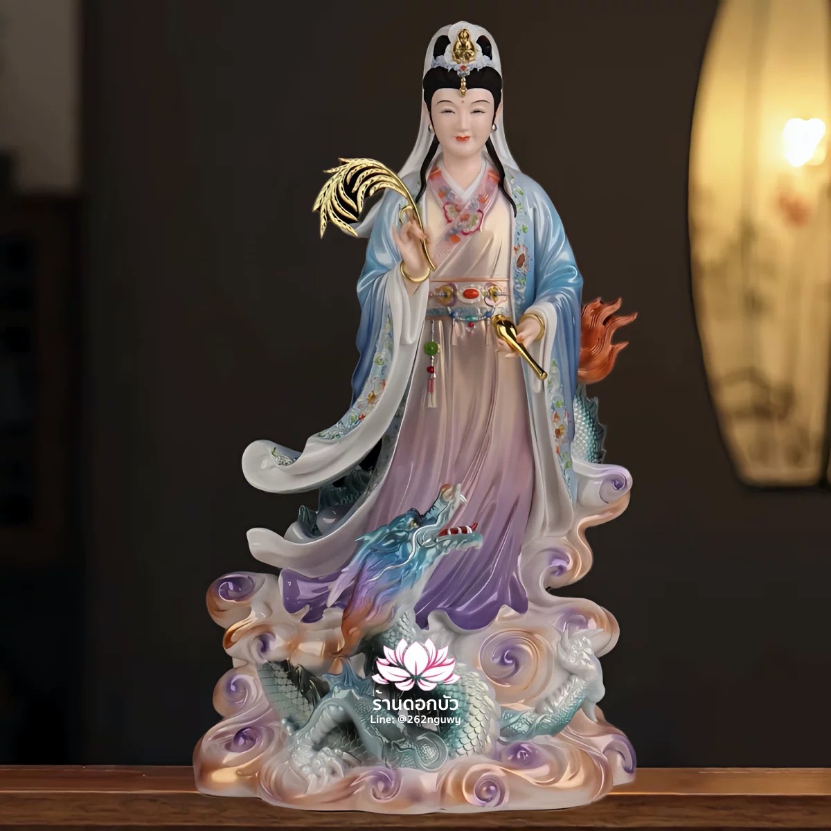 พระโพธิสัตว์กวนอิมปางเหยียบมังกร พระแม่กวนอิมยืนมังกร งานเรซิ่นคุณภาพสูง ขนาด 16/19/26 นิ้ว