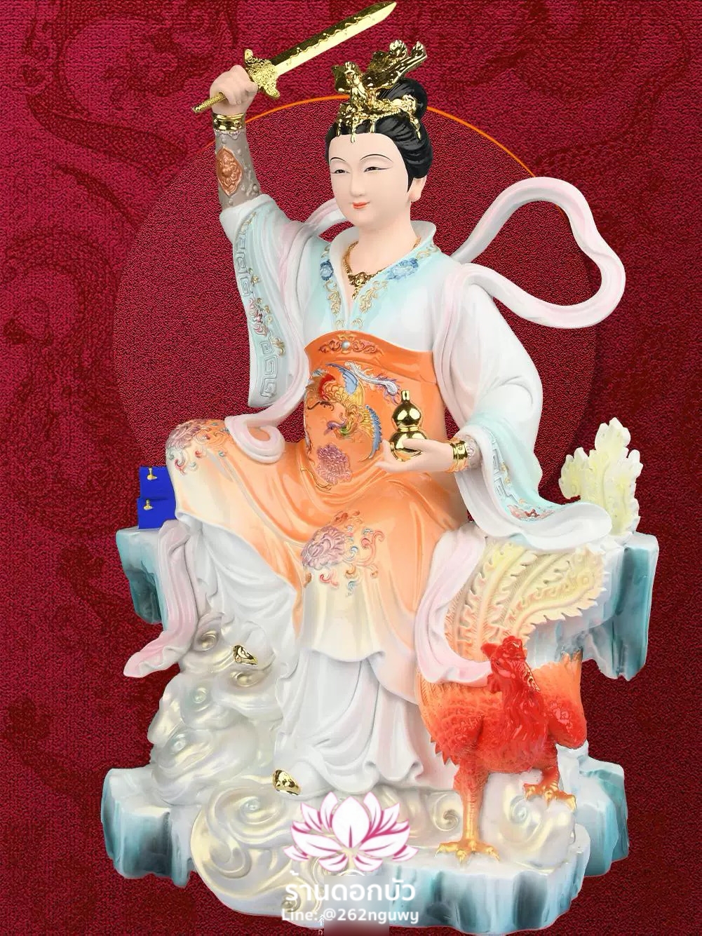 กิ่วเที้ยนเฮี่ยนลื้อ กิวเทียงเหี่ยงนึ่ง จิ่วเทียนเสวียนนี่ ปางนั่งบัลลังก์พร้อมหงส์บริวาร งานเรซิ่นเทคนิคกระเบื้อง ขนาด 12/16/19/26 นิ้ว