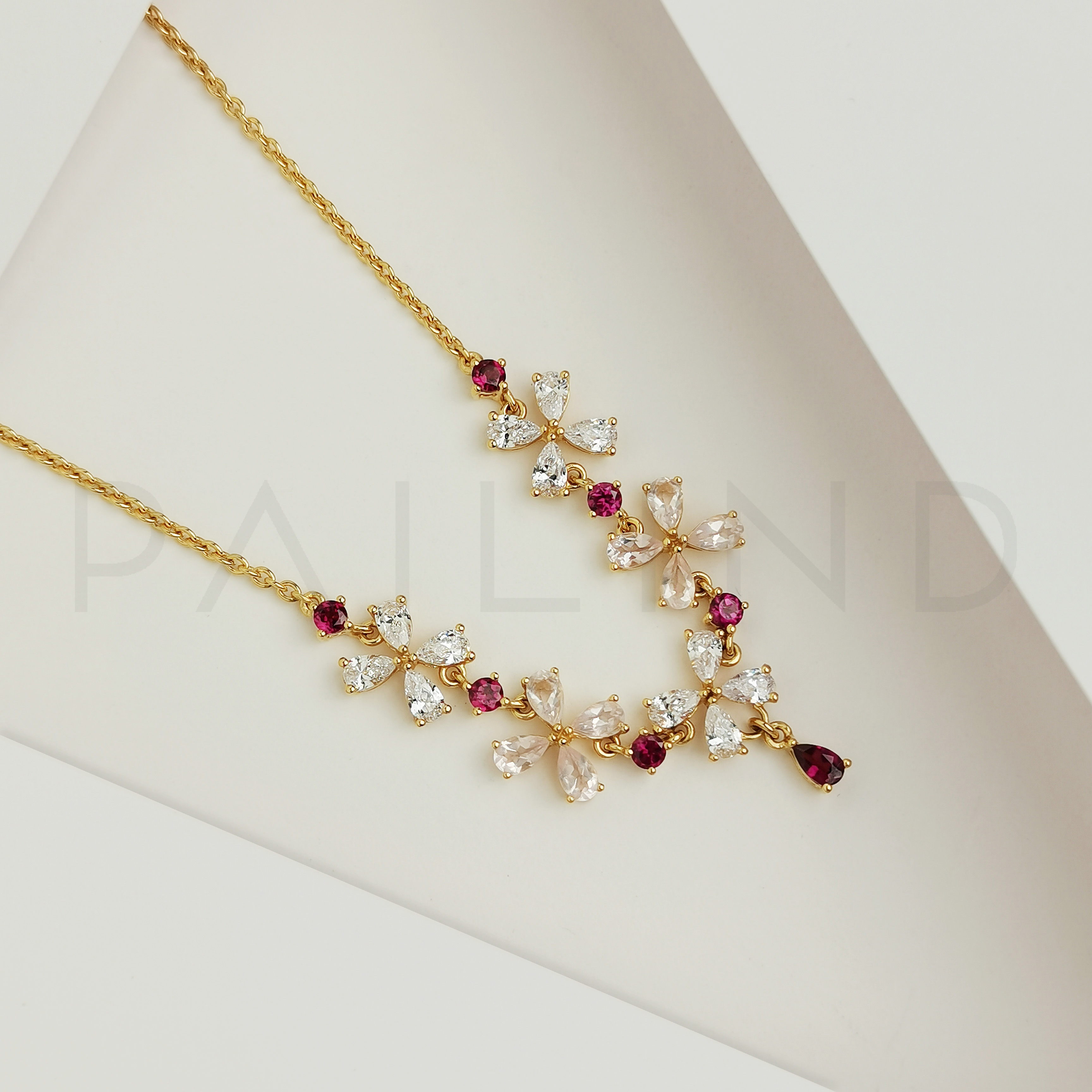 สร้อยคอเงินดีไซน์ดอกไม้ ประดับพลอย Rhodolite,Rose Quartz,CZ