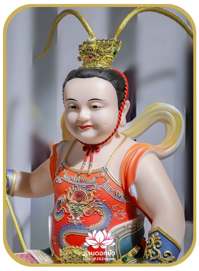 เทพเจ้านาจา หลี่โลเฉี้ย จงตั๋นหง่วนโส่ย ปางประทับนั่งบัลลังก์เมฆเหยียบวงล้อ งานหินอ่อนคุณภาพสูง ขนาด 12/16/19/26 นิ้ว