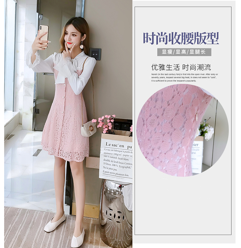 ชุดเดรสสั้นผ้าลูกไม้สีชมพูต่อผ้าโพลีเอสเตอร์สีขาวตัวเสื้อ คอผูกโบว์ แขนยาว ชุดทรงปล่อย สวยน่ารัก