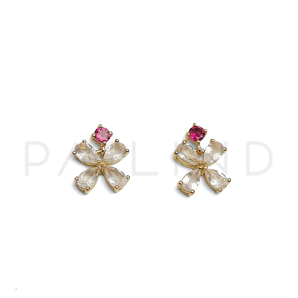 ต่างหูเงินแท้ 925 ประดับพลอยแท้เกรดคุณภาพ RHODOLITE GARNET/ROSE QUARTZ ชุบทอง1 ไมครอน