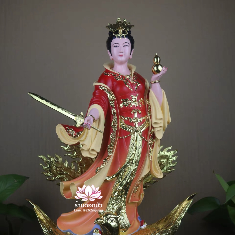 กิ่วเที้ยนเฮี่ยนลื้อ กิวเทียงเหี่ยงนึ่ง จิ่วเทียนเสวียนนี่ ปางยืนบนหงส์บริวาร งานเรซิ่น ขนาด 16/19 นิ้ว