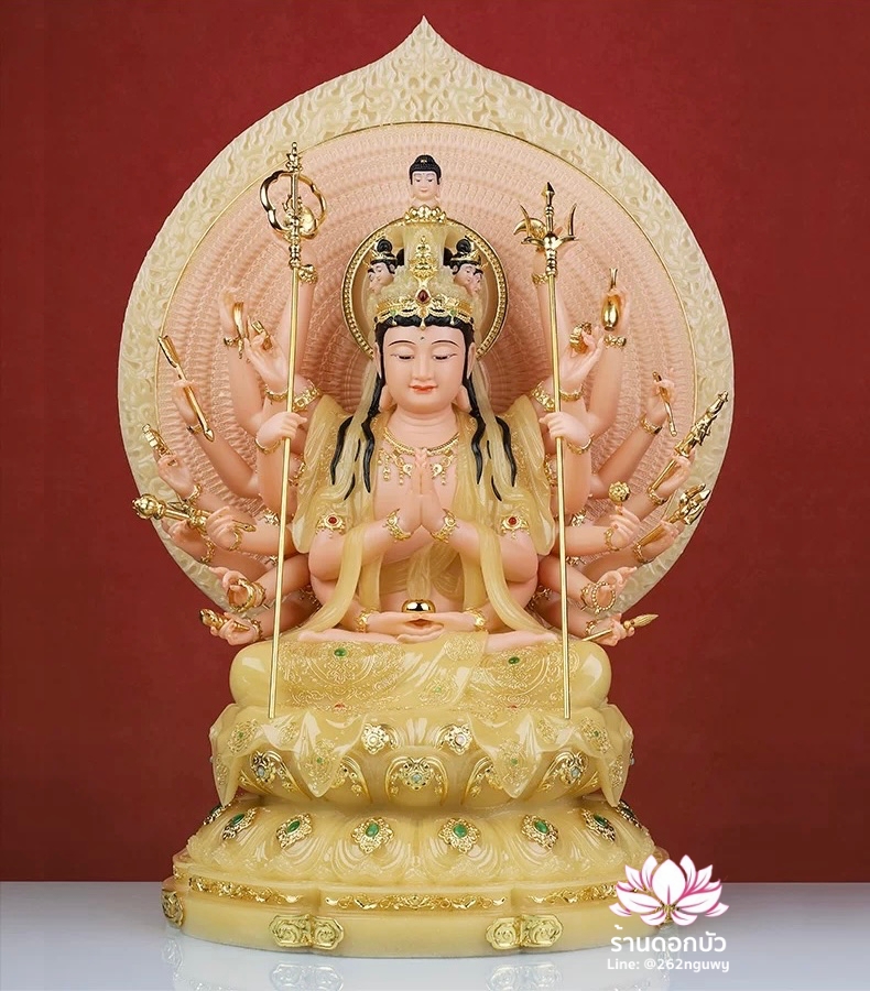 พระโพธิสัตว์กวนอิมพันกร พระแม่กวนอิมพันมือ ประทับนั่งบนดอกบัว งานหินอ่อนคุณภาพสูง ขนาด 12/16/19 นิ้ว