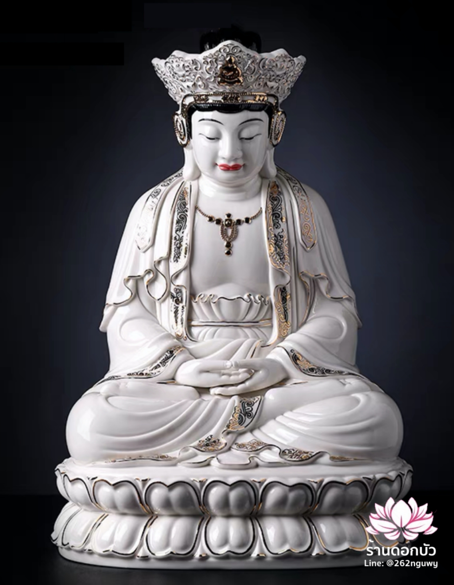พีลูกวนอิม พระโพธิสัตว์กวนอิมปางสำเร็จธรรม ฝีมือช่างระดับอาจารย์ สีขาวขลิบทอง ขนาด 18 นิ้ว
