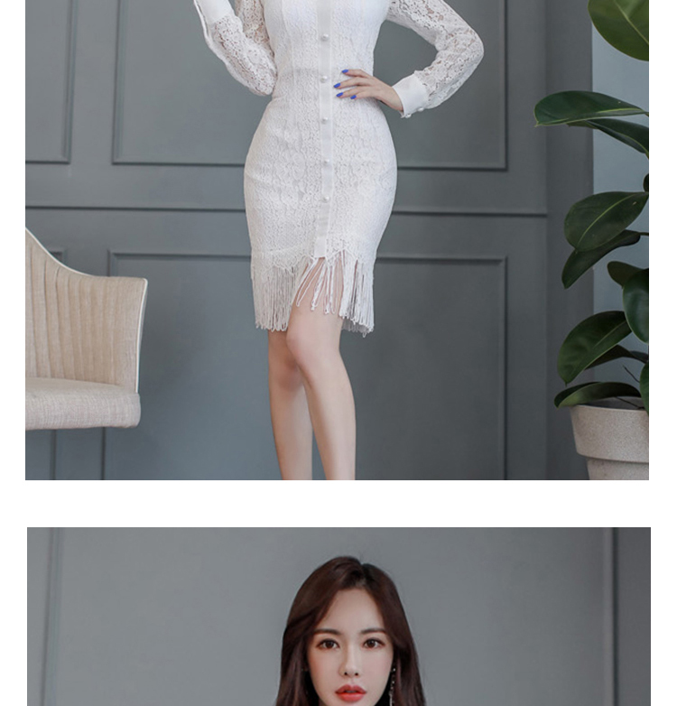 ชุดเดรสสั้นผ้าลูกไม้สีขาว แนวซีทรู คอเชิ๊ต แขนยาว ทรงเข้ารูป ริมกระโปรงตกแต่งไหมญี่ปุ่น สวยเก๋ มีสไตล์