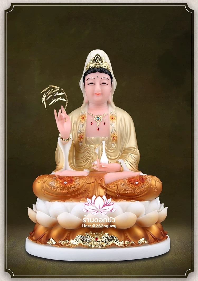 พระโพธิสัตว์กวนอิม พระแม่กวนอิมปางประทานพร ประทับนั่งบนดอกบัว งานหินอ่อน ขนาด 12/16/19 นิ้ว