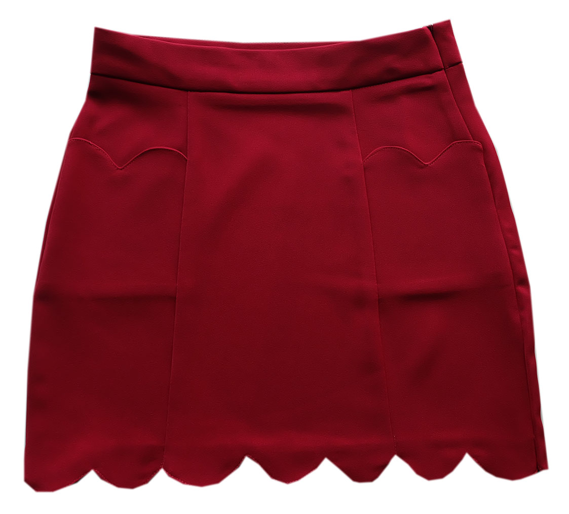 กระโปรงปลายหยักมีเป๋า ผ้าฮานาโกะ สีเลือดหมู Size S M L XL