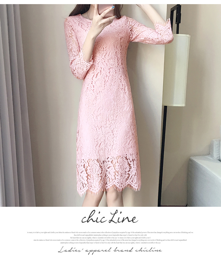 ชุดเดรสสั้นผ้าลูกไม้สีชมพู สวยหวาน แขนสามส่วน