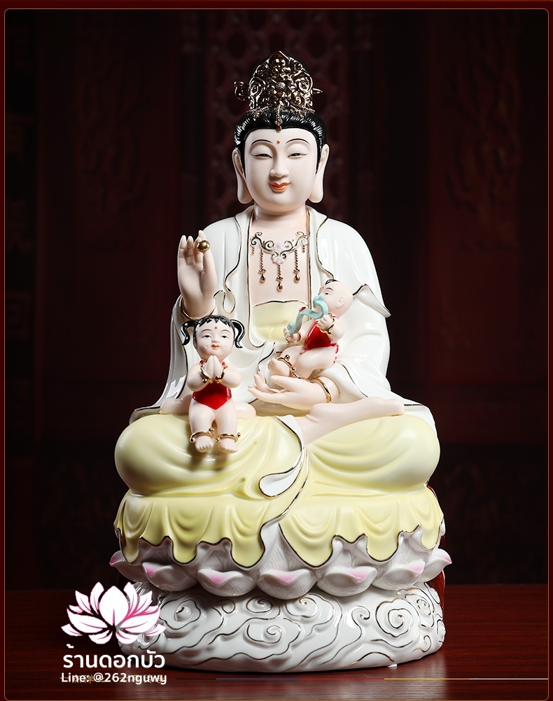 พระโพธิสัตว์กวนอิม พระแม่กวนอิมปางประทานบุตร ประทับนั่งบนดอกบัว ขนาด 16 นิ้ว